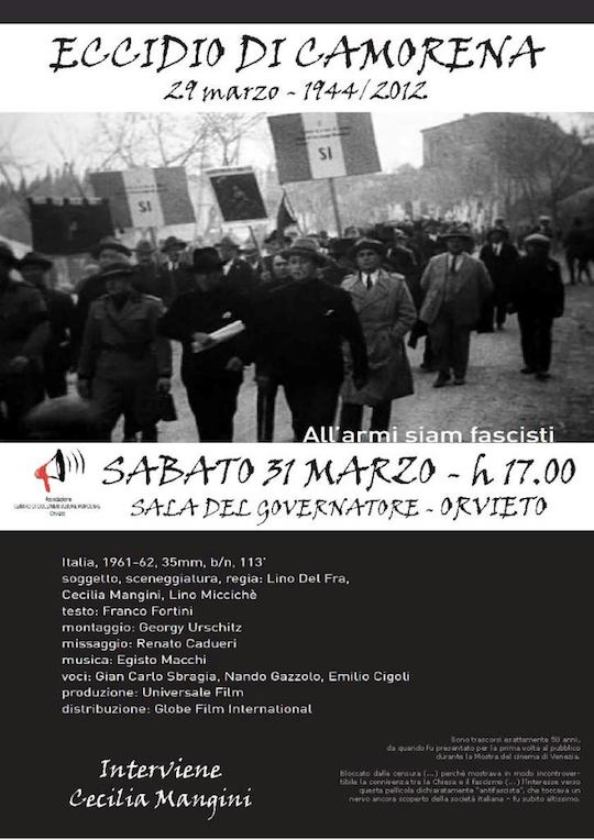 Eccidio di Camorena. Sabato 31 marzo proiezione del film "Allarmi siam fascisti"