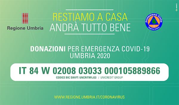 Coronavirus, la Regione Umbria attiva il conto corrente per le donazioni