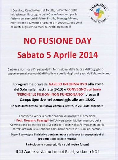 A Ficulle "No Fusione Day". Gazebo e convegno "Perchè le fusioni non funzionano"