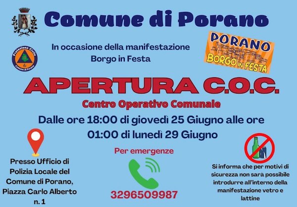 "Borgo in Festa" in tutta sicurezza, aperto il Centro Operativo Comunale 